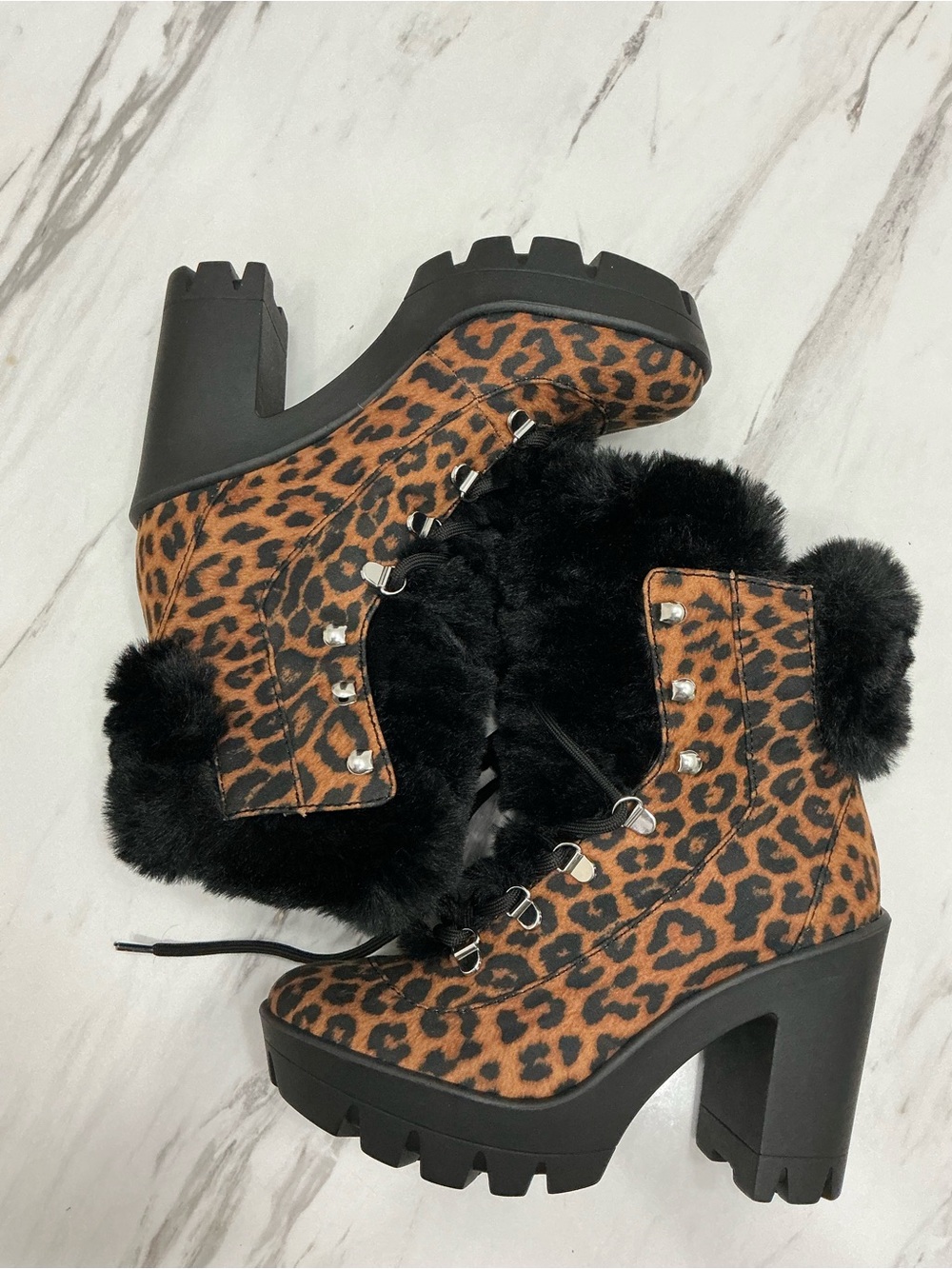 Jessica Simpson Leopard Print Faux-Fur Chunky Heel Lace-Up Boots - Black & Brown